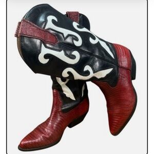 VTG Nine West Western Boho Rodeo Cowgirl Red Black White Leather Boots 8M